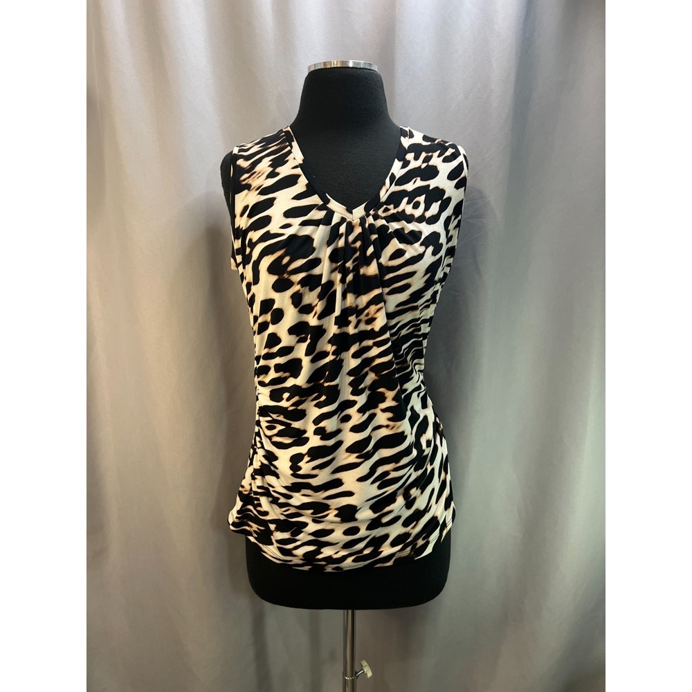 New York & Company Blouse Top Women Medium Multicolor Leopard Print Ruched Front